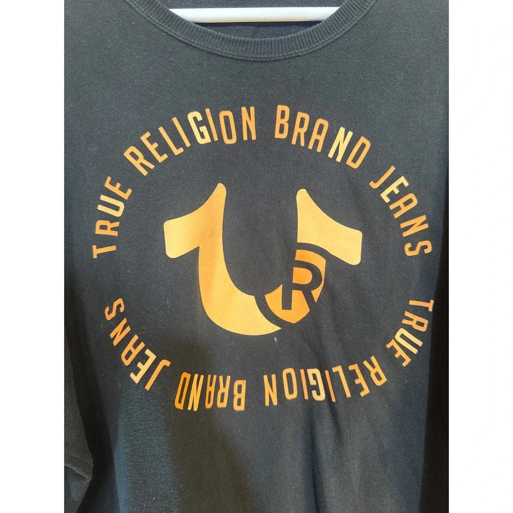 True Religion Mens Black Gold Horseshoe Logo Graphic Crewneck Sweatshirt 3XL